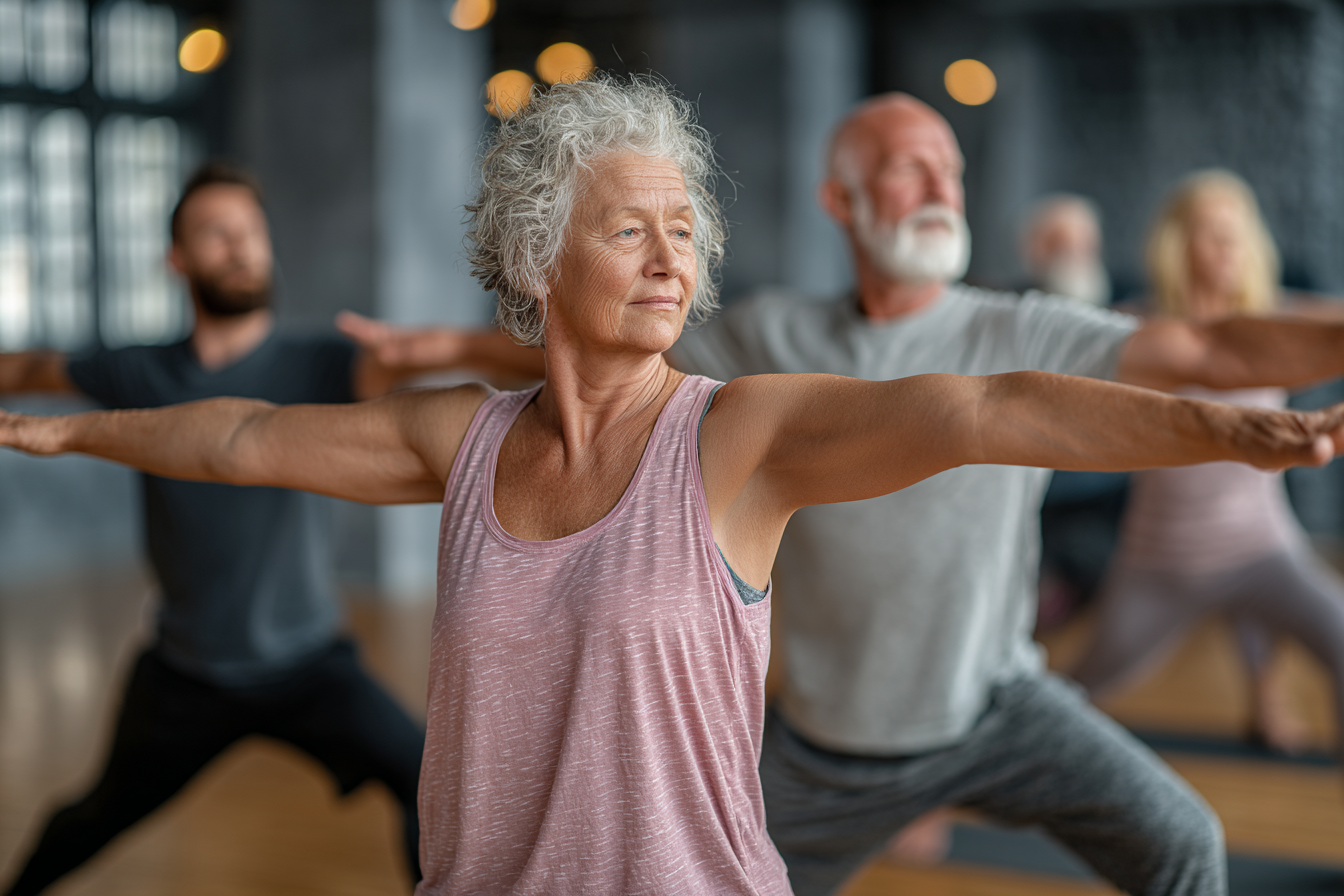 Adulți maturii antrenându-se în grup, zâmbind și demonstrând exerciții de echilibru și flexibilitate în centrul grankolish